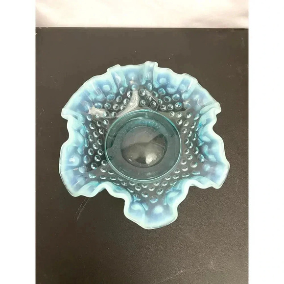 VTG Fenton Ruffled Blue Hobnail Glass Candy Dish Crimped Edges Home Decor - Picture 4 of 16